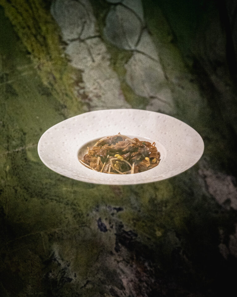 Tagliatelle di riso con filetto di vitello servite su piatto bianco